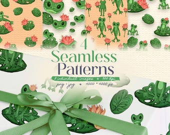 Pastel Frog Seamless Patterns: Toad & Water Lily (PNG, JPG)