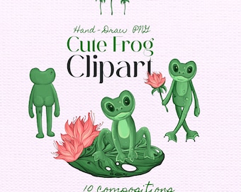 Cute Frog Clipart PNG Bundle, Kawaii Lily Pad & Lotus Flower Graphics, Green Amphibian Hand Draw Art (Digital Download)