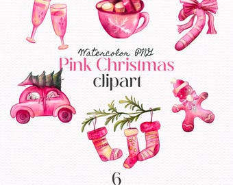 Pink Christmas Clipart PNG Set, Watercolor Xmas Girlie Elements (Digital Art)