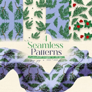 Puede incluir: Cuatro patrones sin costuras con diseños botánicos. Los patrones muestran ramas de pino verde sobre fondos azul claro y blanco, y acebo con bayas rojas. La imagen también incluye el texto "4 Seamless Patterns".