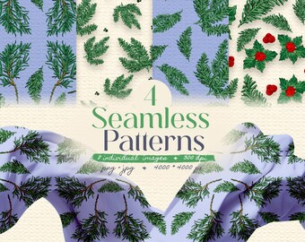 Seamless Blue Winter Pattern Pack: Holly Pine, Evergreee, Berry,  Festive Tree (Digital Download, PNG, JPG)