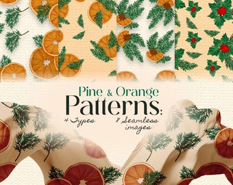 Christmas Digital Paper, Dried Orange Seamless Pattern: Pine, Tree & Holly (PNG, JPG)