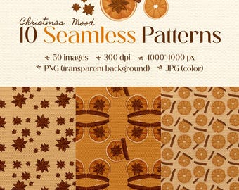 Christmas Citrus Spice Seamless Pattern: Holiday Oranges, Winter Cinnamon (PNG JPG Digital Download)