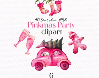Watercolor Pinkmas Clipart Set, Girly Party Art: Xmas Tree, Socks, Car, Champagne, Gingerbread PNGs