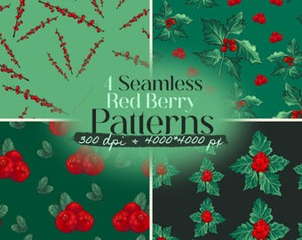 4 Green Seamless Pattern: Red Berries Hand Draw Art, Holly Greenery and Classic Holiday (Digital Download, PNG, JPG)