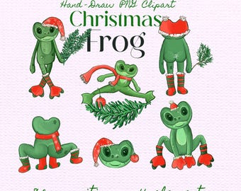 Christmas Frog Clipart PNG, Winter Holiday Animal Hand Draw Art (Digital Download)