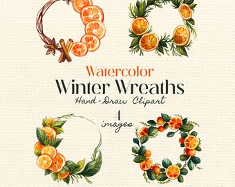 Watercolor Botanical Wreath with Dried Oranges and Pine, Evergreen Clipart PNG, Rustic Frames (Instant Download)