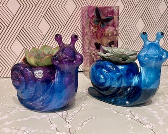 Resin snail succulent pot. Can be made in any color combo. Great gift for friend, daughter or snail lover! Cute gift is a winner every time.