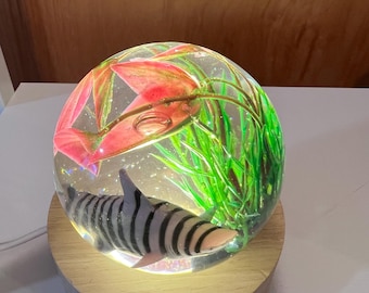 Resin Globe night light with Striped shark with green and pink foliage. You can chose different fish below. Great gift for ocean lover.