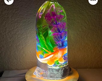 Resin gold fish in a bag, color changing night light, resin lamp. Gift for child, teen decor for bedroom or game room. Plants inside vary