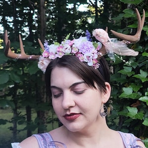 Deer Antler Spring Bird Flower Crown, Renaissance Cosplay Costume Headpiece 3d Printed Animal Horns