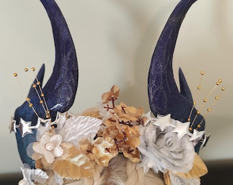 Galaxy Dragon Horn Flower Crown with Silver Floral Accents, Fantasy Cosmos Tiara with Animal Horns and Gems, Space Headpiece Star Jewel