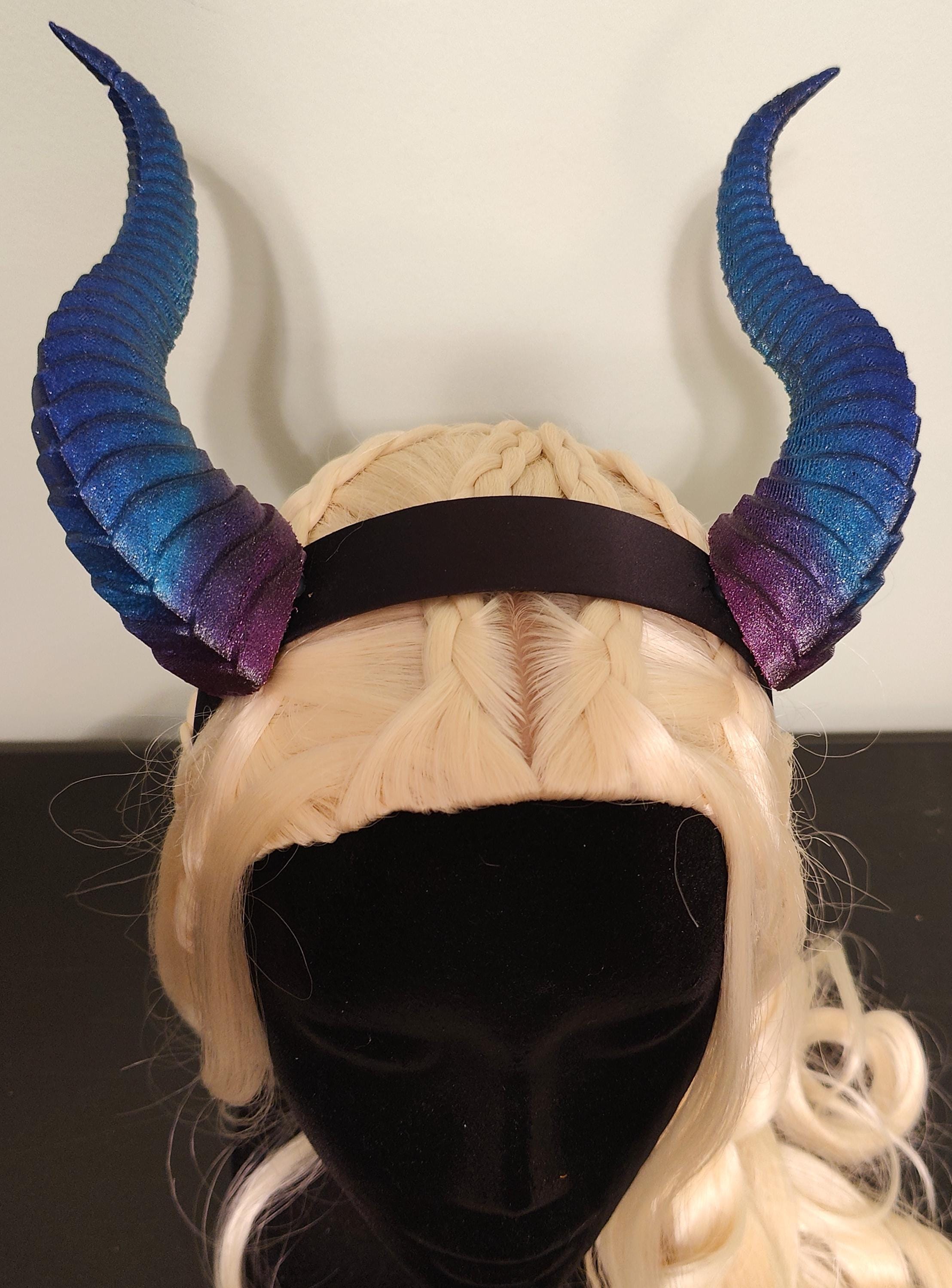 Galaxy Shimmer Ridged Dragon Horns Headband, Fantasy 3D Print Headdress, Blue Purple Glitter Animal Horns Headpiece, Renaissance Faire Crown