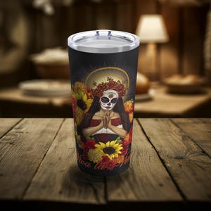 Día de los Muertos Tumbler: Gothic Nun Skull, Flower Decorated 20oz Travel Cup