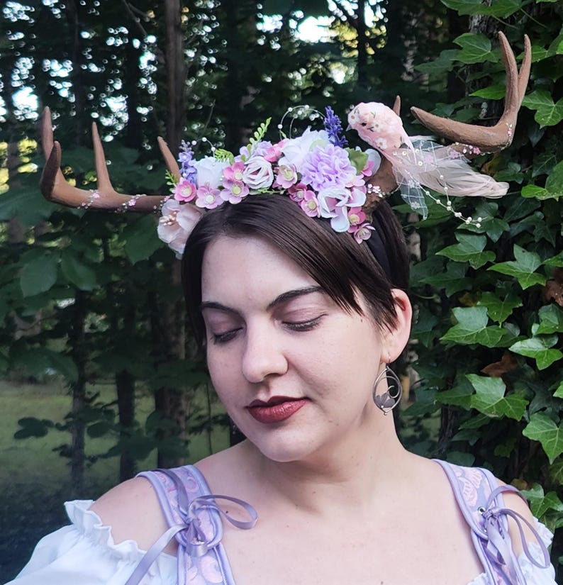 Deer Antler Spring Bird Flower Crown, Renaissance Cosplay Costume Headpiece 3d Printed Animal Horns image 1