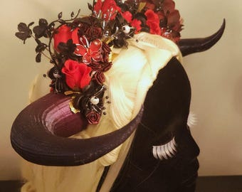 Bull Horns Red Black Gold Silk Flowers, Taurus Cosplay Costume 3d Printed Animal Horns