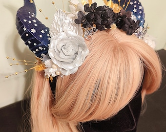 Celestial Dragon Horn Flower Crown with Silver Floral Accents, Fantasy Cosmos Tiara with Animal Horns and Gems, Space Headpiece Star Jewel