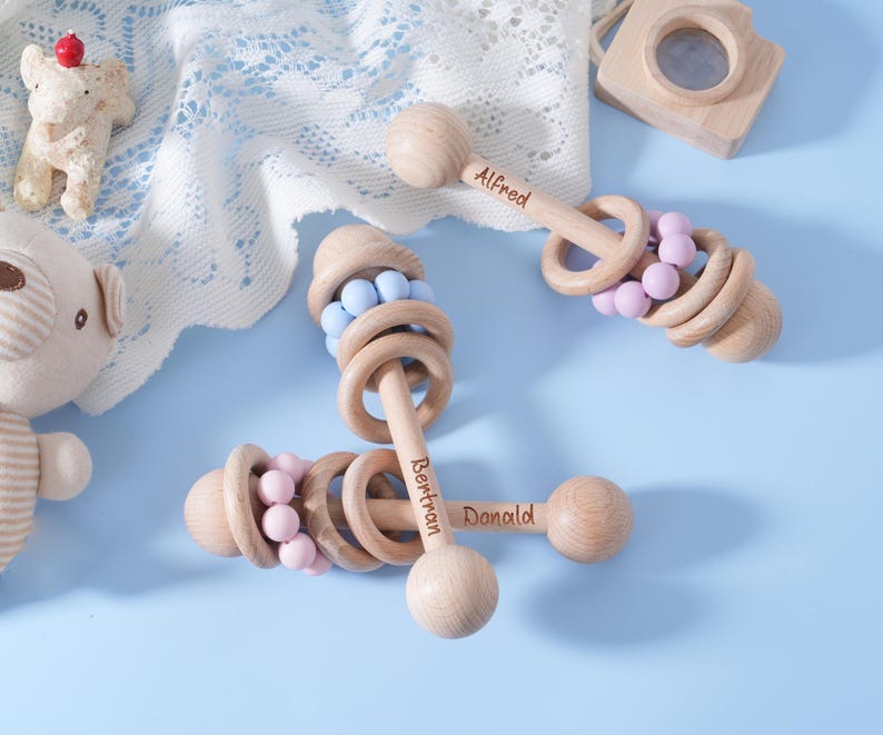 Modern Baby Rattle Personalized Wooden Baby Rattle: Engraved Beech Wood Newborn Gift - Etsy