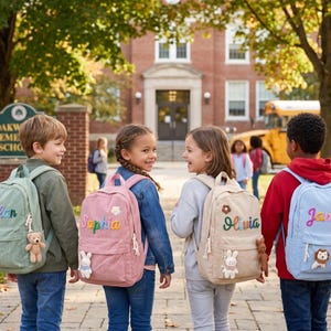 May include: Four backpacks in sage green, pink, beige, and light blue, each featuring a personalized name embroidered in colorful script, a small flower patch, and a plush animal charm attached to the front zipper of the main compartment.