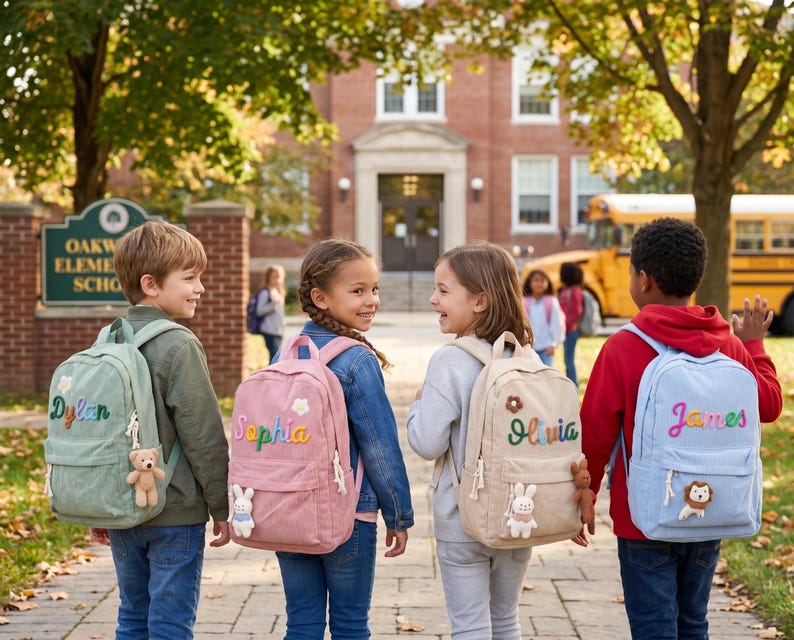 May include: Four backpacks in sage green, pink, beige, and light blue, each featuring a personalized name embroidered in colorful script, a small flower patch, and a plush animal charm attached to the front zipper of the main compartment.