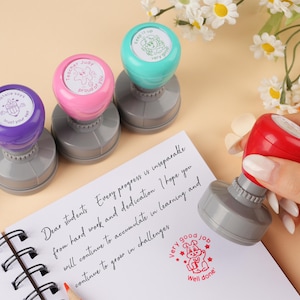 Op de afbeelding: Een verzameling kleurrijke docentenstempels met bemoedigende berichten. De stempels zijn paars, roze en blauwgroen, met grijze bases. Eén stempel is op papier gedrukt en toont de boodschap "Zeer goede job" met een hondenillustratie. Witte bloemen staan op de achtergrond.