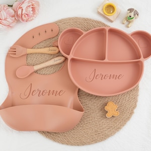 Personalized Silicone Baby Weaning Set, Cartoon Weaning Set for Toddler Baby Kids, Engraved Silicone Bib, Feeding Set with Name,Eco-Friendly
