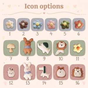 May include: A collection of sixteen icon options arranged in a grid, featuring various fabric-textured shapes like flowers, animals, and a mushroom. Each icon is numbered and set against a square background in shades of gray, green, or pink.