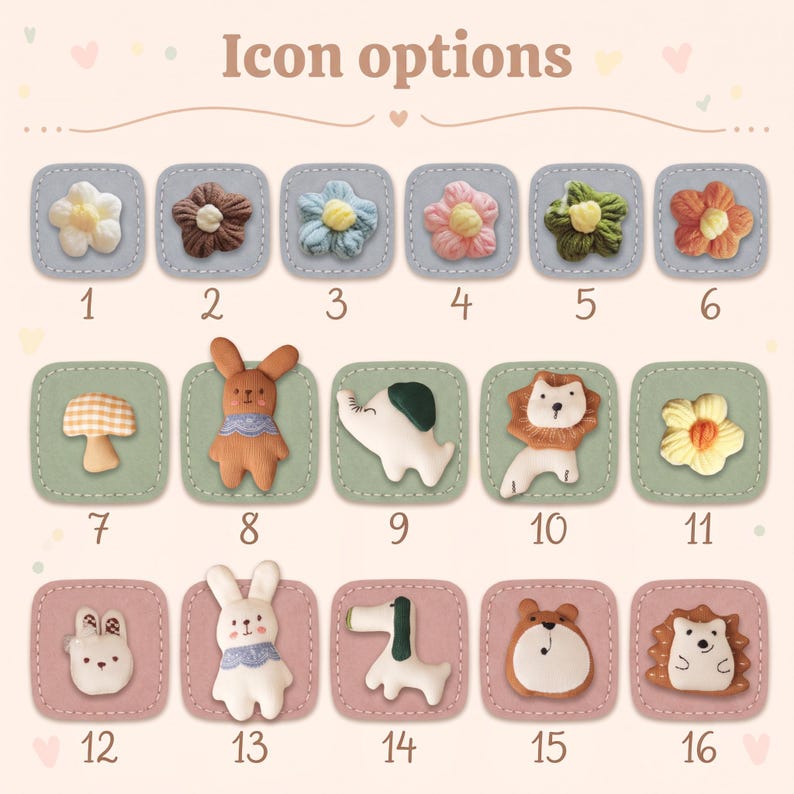 May include: A collection of sixteen icon options arranged in a grid, featuring various fabric-textured shapes like flowers, animals, and a mushroom. Each icon is numbered and set against a square background in shades of gray, green, or pink.