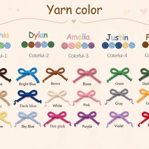 May include: A color chart titled Yarn color displaying five sets of multi-colored yarn options labeled Colorful-1 through Colorful-5, followed by eighteen individual yarn bows in various colors including coffee, blue, brown, rose, green, and red.
