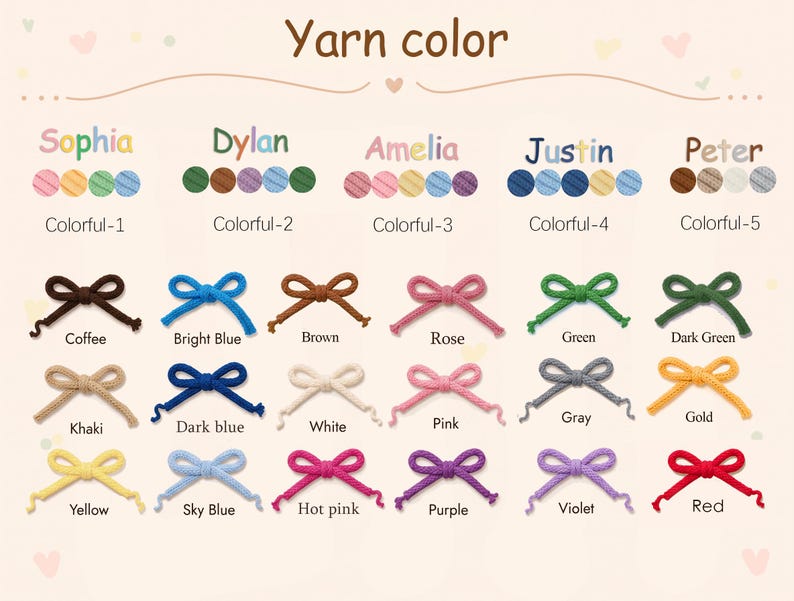 May include: A color chart titled Yarn color displaying five sets of multi-colored yarn options labeled Colorful-1 through Colorful-5, followed by eighteen individual yarn bows in various colors including coffee, blue, brown, rose, green, and red.