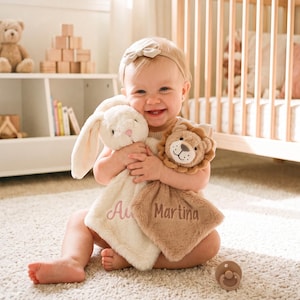 Custom Baby Lovey Blanket with Name, Bunny Comforter, Embroidered Animal Security Blanket, Newborn Plush Security Blanket