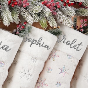 Personalized Christmas Stocking, Embroidered Sequin Snowflake, Family Holiday Decor