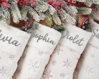 Personalized Christmas Stocking, Embroidered Sequin Snowflake, Family Holiday Decor