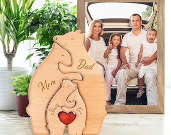 Rompecabezas de madera personalizado de familia de osos: decoración grabada para el hogar, regalo para el Día de la Madre.