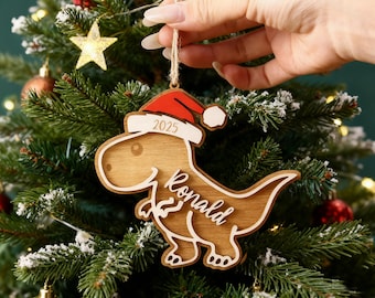Aangepaste houten dinosauruskerstornament, babynaam, Trex-ornament