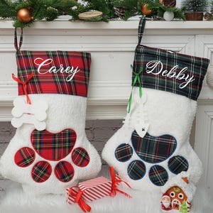 Dog Cat Christmas stockings,Personalized pet Christmas stockings, plaid dog paw stockings, Family Christmas Stockings,Christmas gifts decor