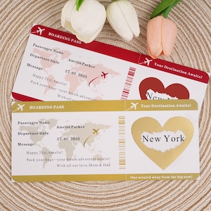 Aangepaste reisvoucher, gepersonaliseerde kraskaart instapkaart, krasonthulling vakantiecadeau, aankondiging verrassingsreis, cadeau vrijgezellenfeest