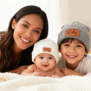 Personalized Wool Blend Baby Beanie: Leather Patch, Knitted Infant Hat