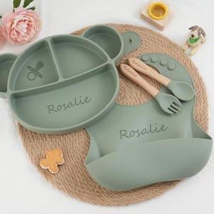 Set de sevrage personnalisé en silicone, Set de sevrage dessin animé pour tout-petits, Bavoir en silicone gravé, Set d'alimentation avec nom, Respectueux de l'environnement