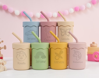 Personalized Silicone Training Cup with Straw: Engraved Baby Sippy Cup