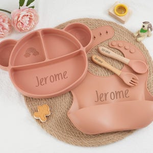 Cartoon-Weaning-Set für Kleinkind-Baby-Kinder, personalisiertes Silikon-Baby-Weaning-Set, Silikonlätzchen mit Gravur, Fütterungsset mit Name, umweltfreundlich