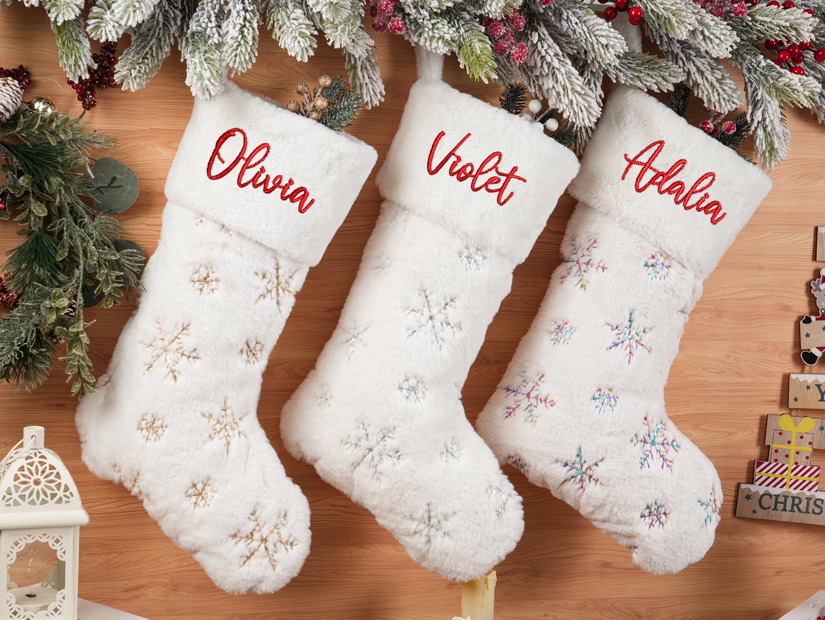 Personalized Christmas Stockings, Custom Holiday Stockings, Plush Sequin snowflake Stockings,2025 Embroidered Knit Stocking,Family Stocking