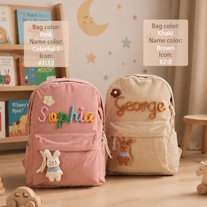 May include: Two corduroy backpacks, one pink and one khaki, each featuring a front pocket and a plush animal charm. The pink bag displays the name Sophia in colorful letters with a flower, while the khaki bag shows George in brown letters with a flower.