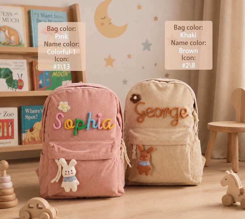 May include: Two corduroy backpacks, one pink and one khaki, each featuring a front pocket and a plush animal charm. The pink bag displays the name Sophia in colorful letters with a flower, while the khaki bag shows George in brown letters with a flower.