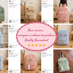 May include: A collection of corduroy backpacks in various colors including sage green, beige, pink, and light blue. Each backpack features embroidered names like Dylan, George, Arahie, James, and Sophia, with small plush animal accents attached.