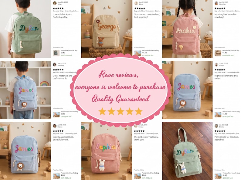 May include: A collection of corduroy backpacks in various colors including sage green, beige, pink, and light blue. Each backpack features embroidered names like Dylan, George, Arahie, James, and Sophia, with small plush animal accents attached.
