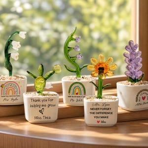名前入りガラス製植木鉢オーナメント、学期末ギフト、先生への感謝の気持ちを表すデスクテーブルデコレーション