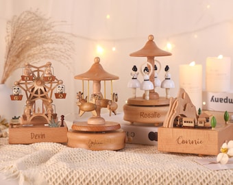 Personalized Wooden Carousel Music Box: Engraved Keepsake Gift