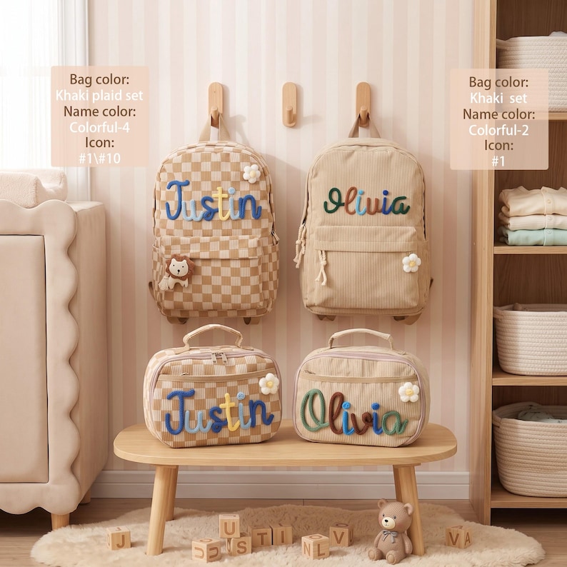 May include: Two khaki backpacks and two matching lunch bags featuring embroidered names Justin and Olivia. The Justin items have a checkered pattern and a lion icon, while the Olivia items are solid khaki with a flower icon and colorful lettering.