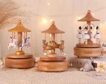 Personalized Wooden Carousel Music Box: Engraved Keepsake Gift